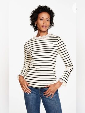 Talbots Lace Trim Saybrook Stripe Crewneck Long Sleeve Tee Ivory/Black M NWOT
